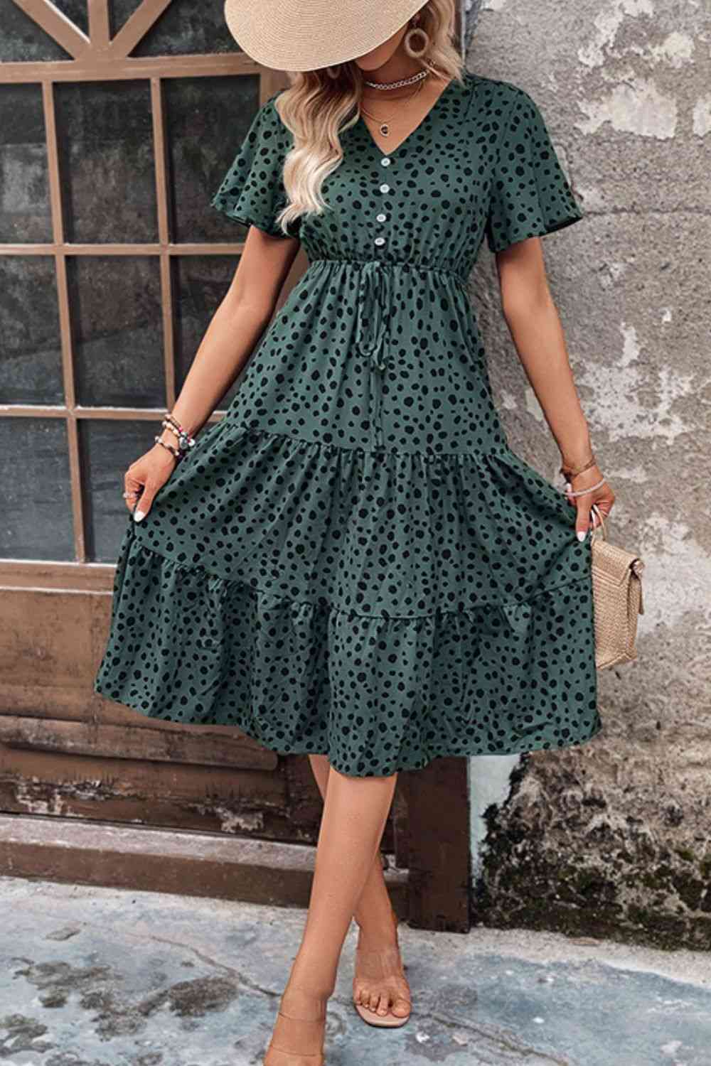 Printed Buttoned V-Neck Flutter Sleeve Dress -BazaarBey - www.shopbazaarbey.com