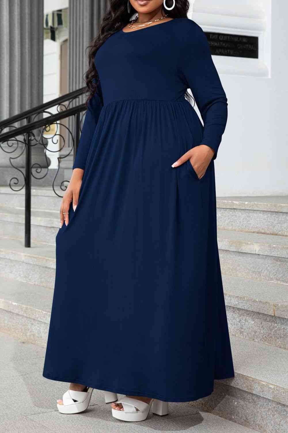 Plus Size Round Neck Long Sleeve Maxi Dress with Pockets -BazaarBey - www.shopbazaarbey.com