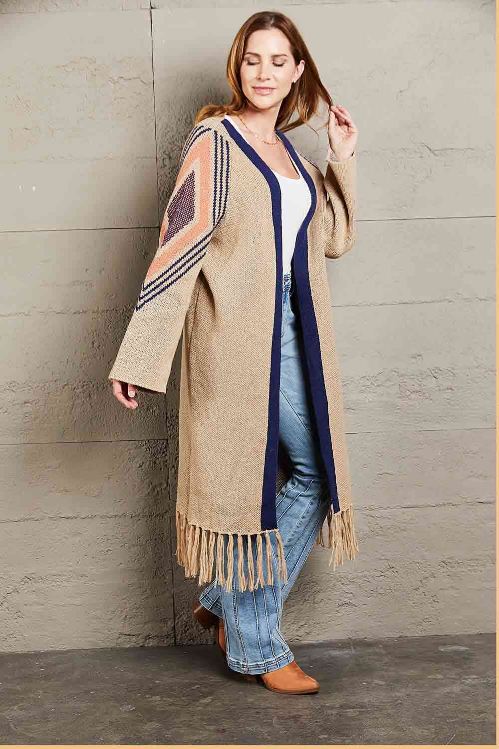  Geometric  Hem Open Front Duster Cardigan Bazaarbey