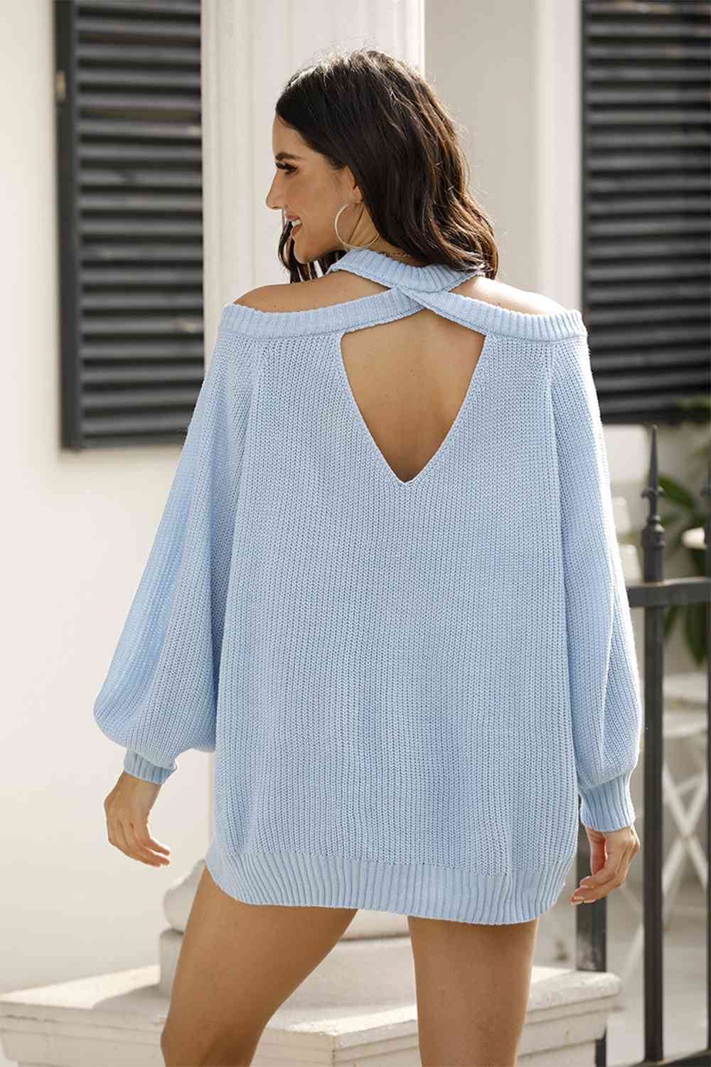 Ribbed Long Sleeve Cold Shoulder Knit Top Bazaarbey