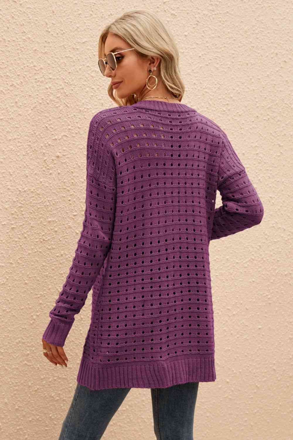 Openwork Horizontal Ribbing Open Front Cardigan Trendsi