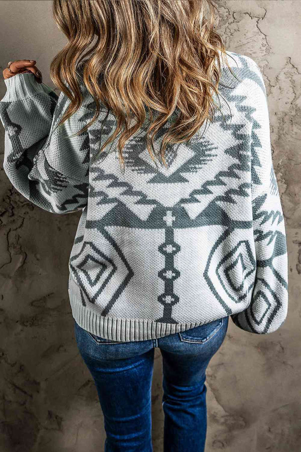 Printed Button Up V-Neck Long Sleeve Cardigan Bazaarbey