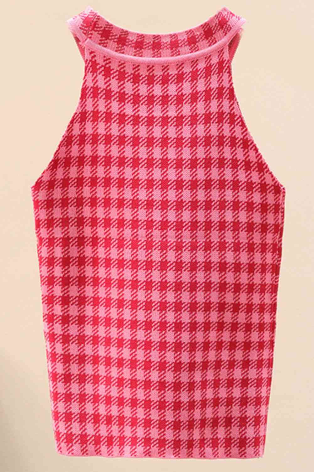 Plaid Round Neck Sleeveless Knit Top Trendsi
