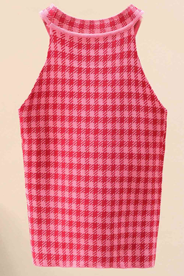 Plaid Round Neck Sleeveless Knit Top Trendsi