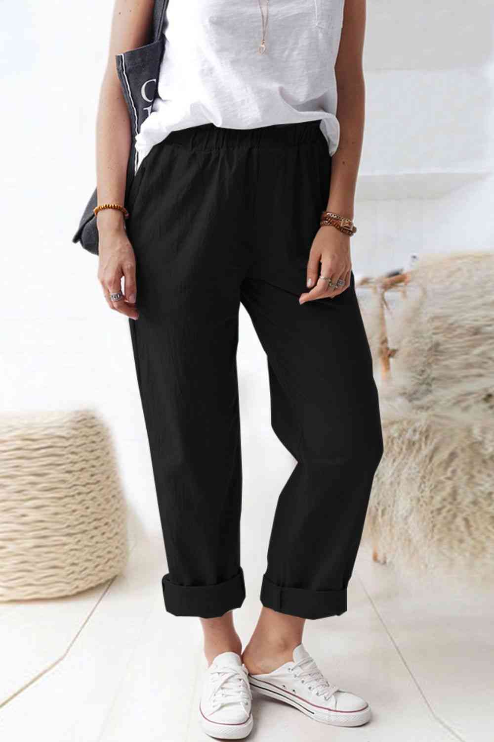 Waist Pull-On Pants with Pockets Bazaarbey