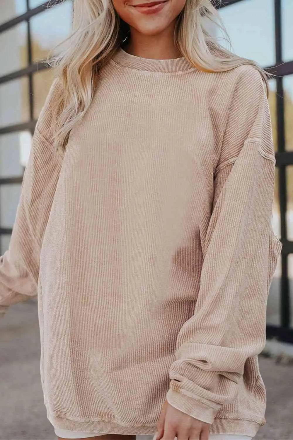 Ribbed Round Neck Drop Shoulder Sweatshirt Bazaarbey