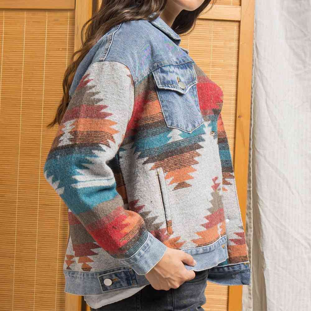 Printed Button Down Denim Shacket Bazaarbey