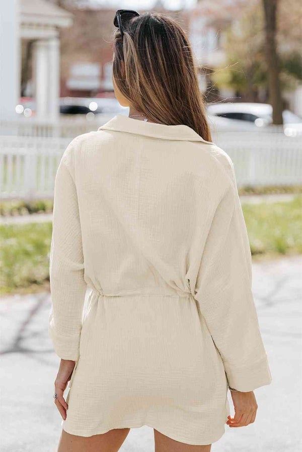 Button-Up Long Sleeve Collared Neck Mini Dress -BazaarBey - www.shopbazaarbey.com