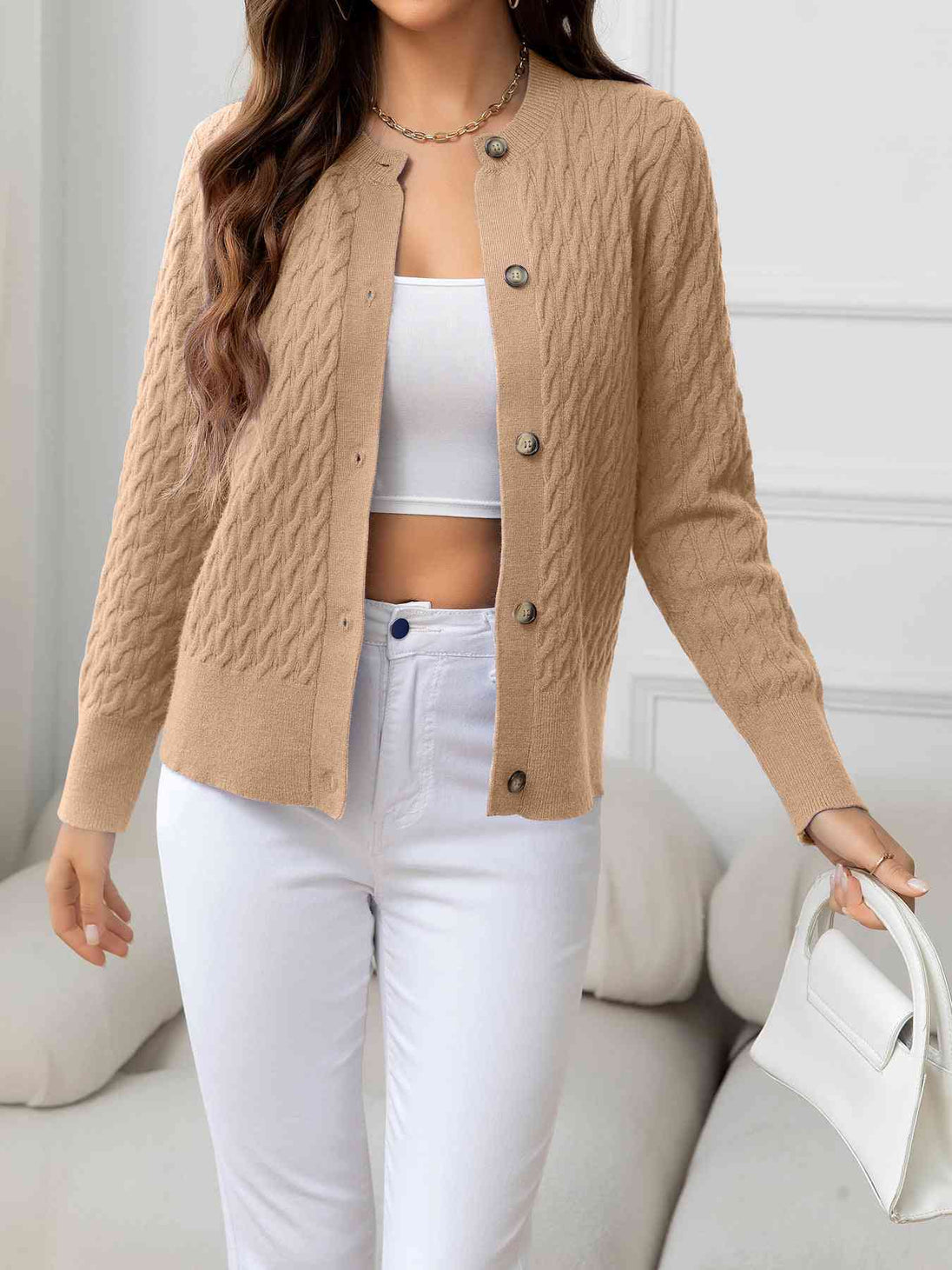 Round Neck Cable-Knit Buttoned Knit Top Trendsi