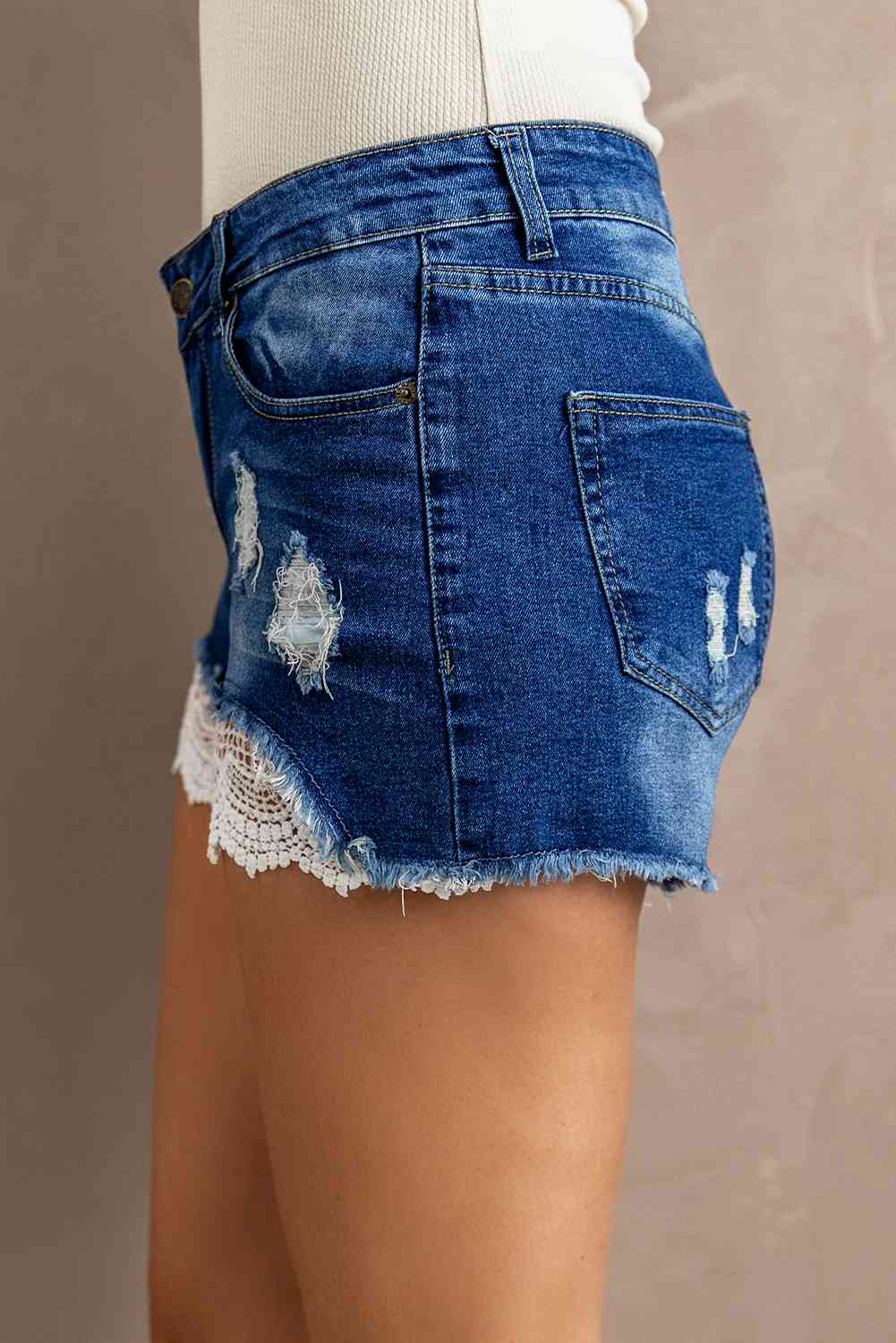 Spliced Lace Distressed Denim Shorts Bazaarbey