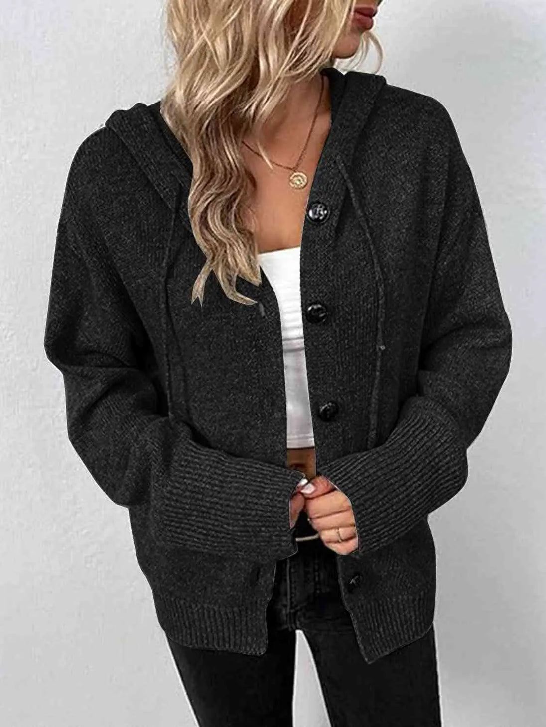 Button Up Drawstring Long Sleeve Hooded Cardigan Bazaarbey