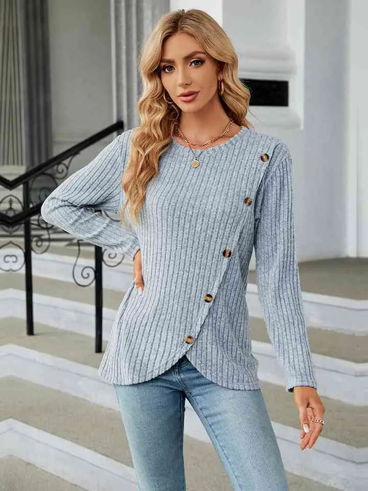 Round Neck Ribbed Button Detail Blouse Bazaarbey