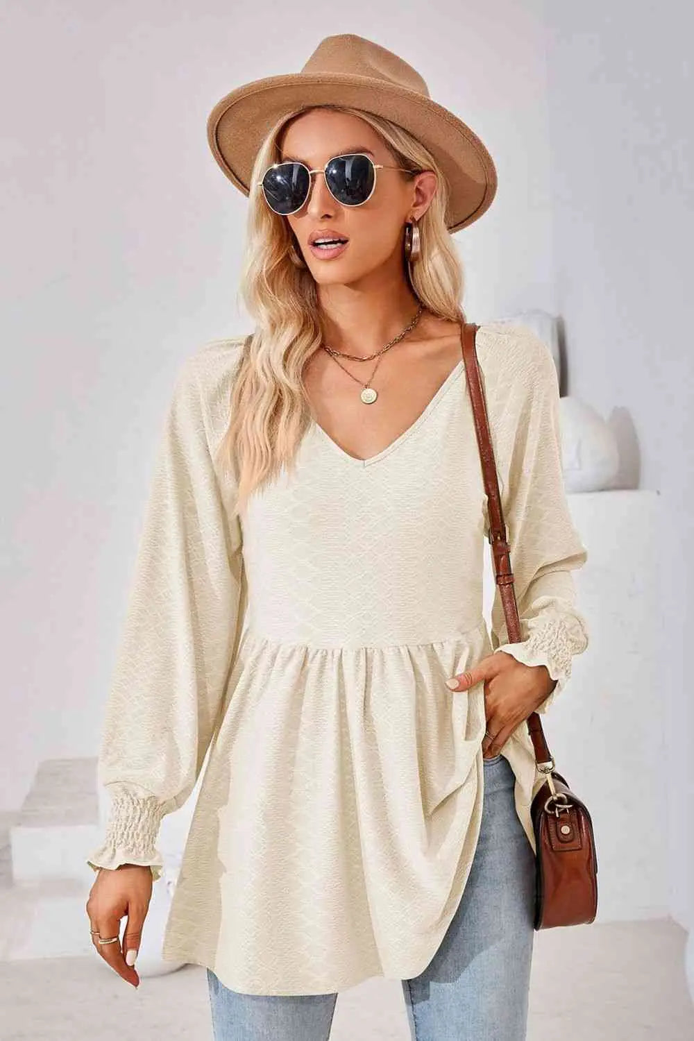 V-Neck Lantern Sleeve Blouse Bazaarbey