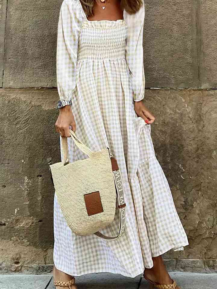 Smocked Square Neck Long Sleeve Dress -BazaarBey - www.shopbazaarbey.com