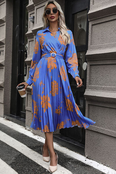 Floral Pleated  Long Sleeve Midi Dress -BazaarBey - www.shopbazaarbey.com