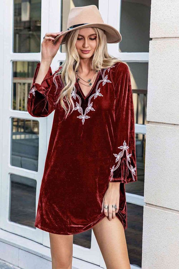 V-Neck Long Sleeve Mini Dress -BazaarBey - www.shopbazaarbey.com