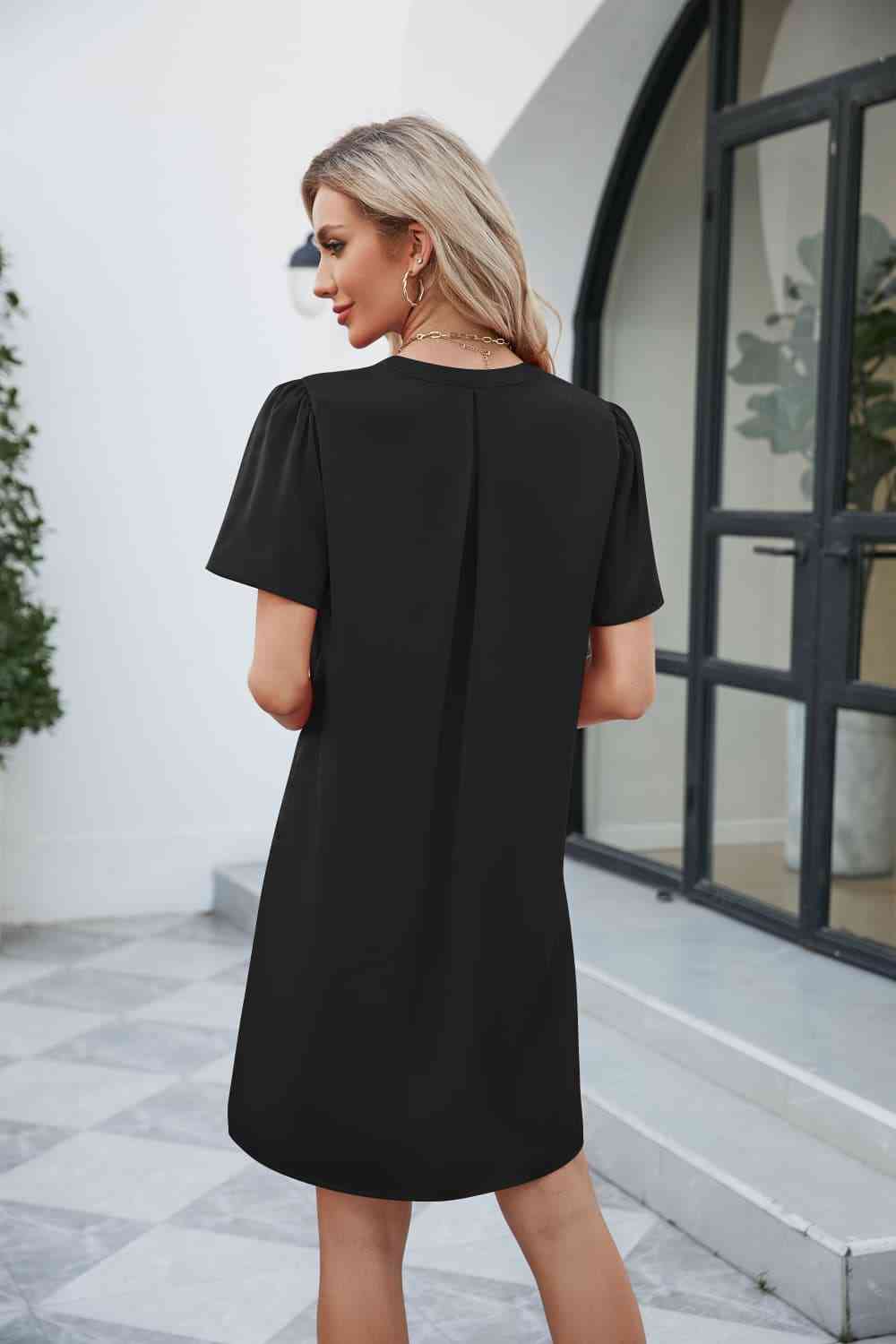 Notched Puff Sleeve Shift Dress -BazaarBey - www.shopbazaarbey.com