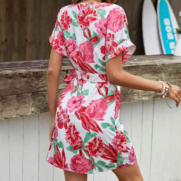 Floral Tied Short Sleeve Mini Dress -BazaarBey - www.shopbazaarbey.com