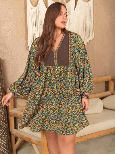 Plus Size V-Neck Balloon Sleeve Printed Mini Dress -BazaarBey - www.shopbazaarbey.com