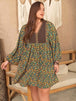 Plus Size V-Neck Balloon Sleeve Printed Mini Dress -BazaarBey - www.shopbazaarbey.com
