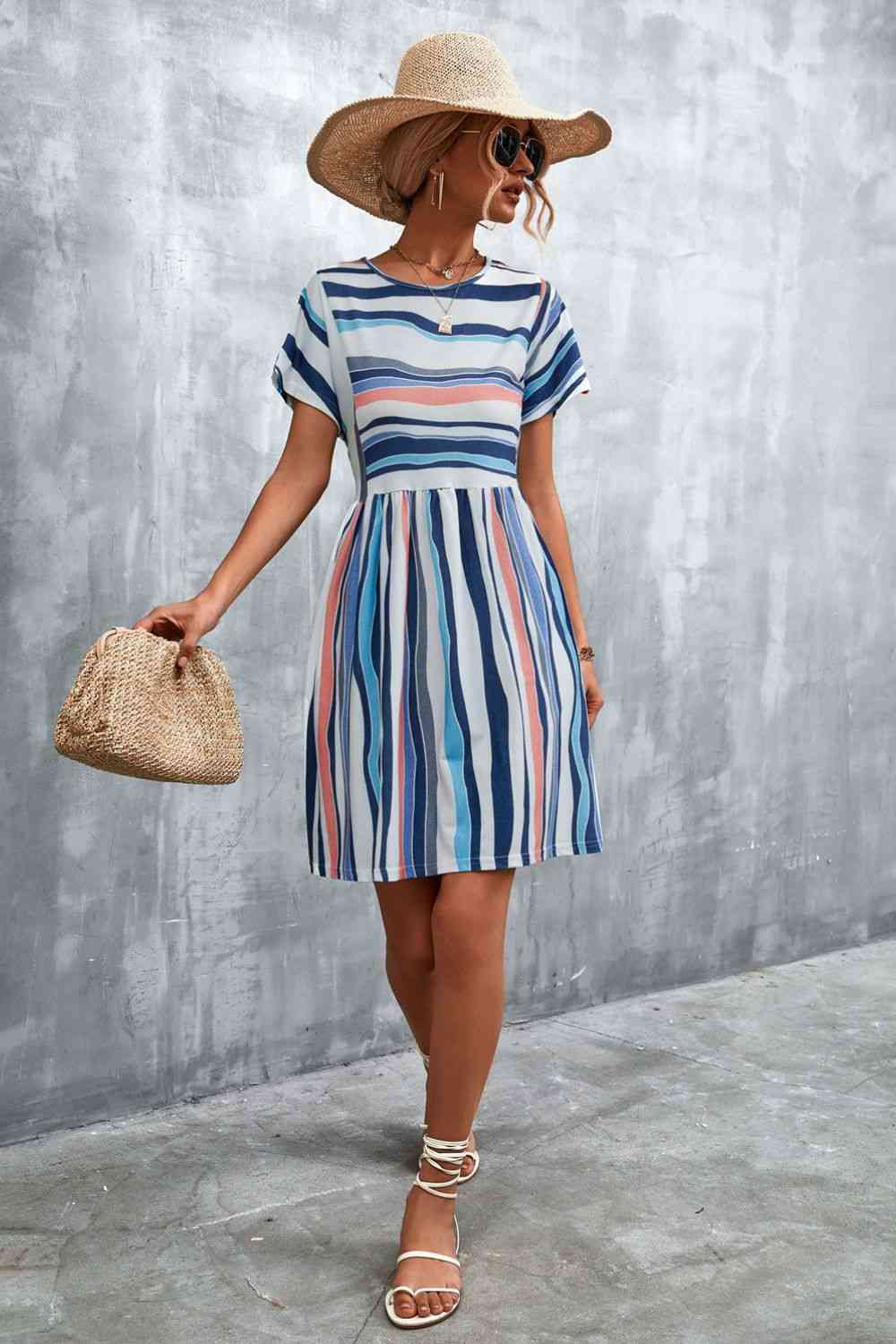 Striped Round Neck Dress -BazaarBey - www.shopbazaarbey.com