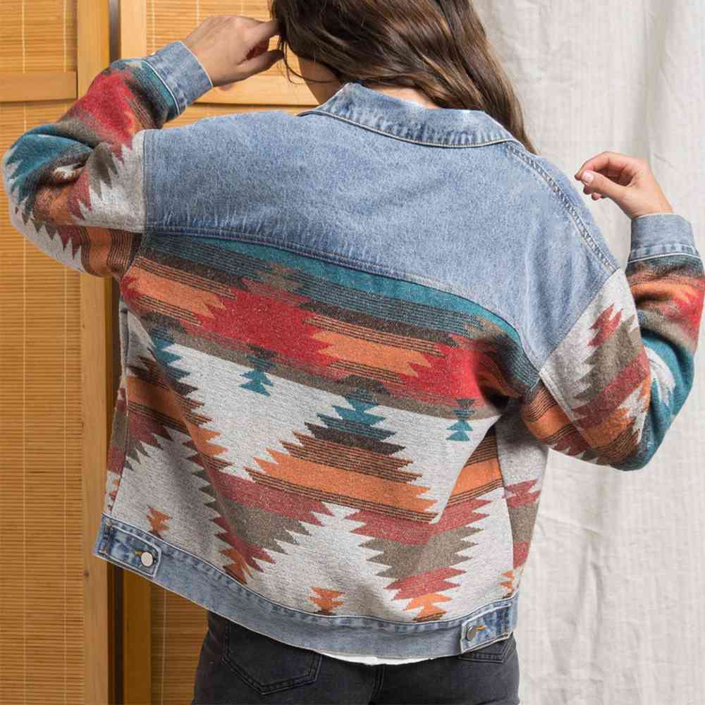 Printed Button Down Denim Shacket Bazaarbey
