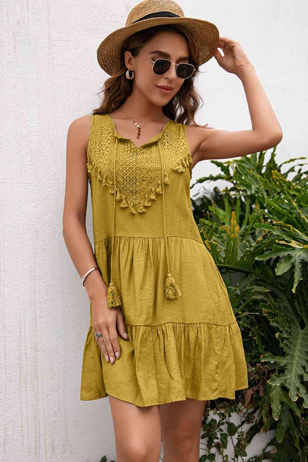 Tassel Tie Lace Trim Sleeveless Dress -BazaarBey - www.shopbazaarbey.com