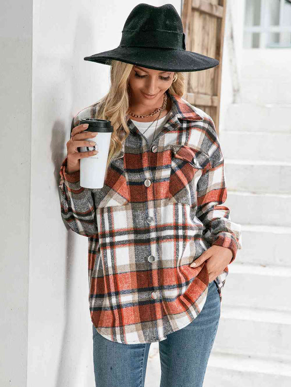 Meet You Outside Plaid Button Down Curved Hem Shacket Trendsi