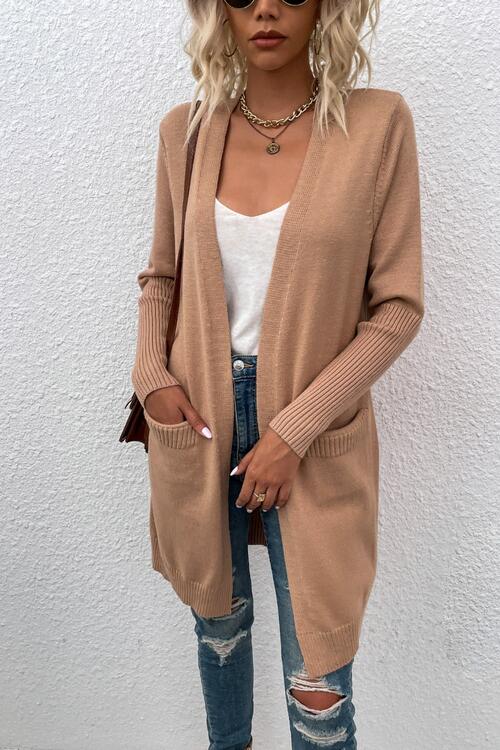 Open Front Long Sleeve Cardigan with Pockets Bazaarbey