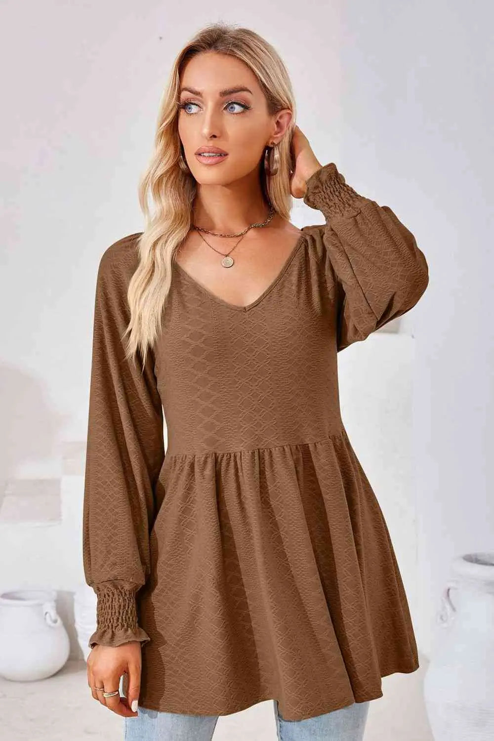 V-Neck Lantern Sleeve Blouse Bazaarbey