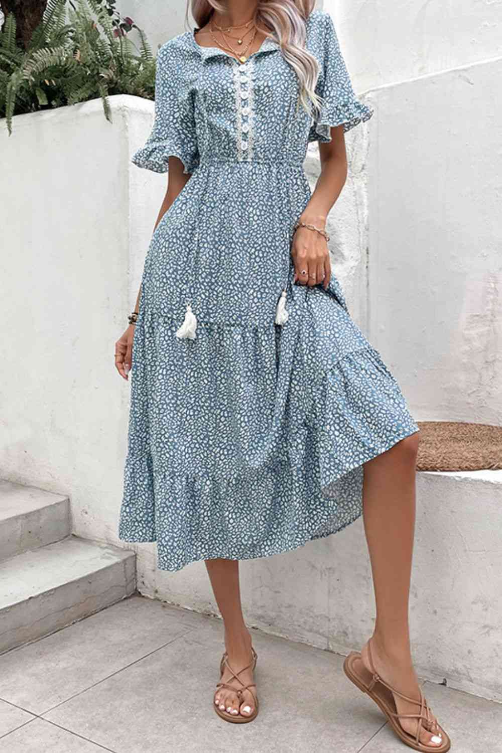 Printed Tassel Tie Flounce Sleeve Dress -BazaarBey - www.shopbazaarbey.com