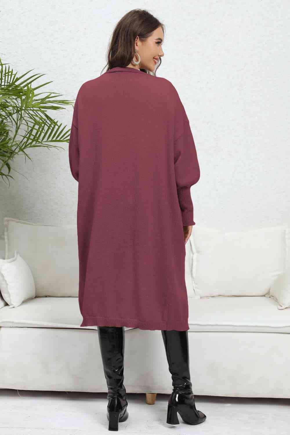 Lantern Sleeve Open Front Pocketed Cardigan Trendsi