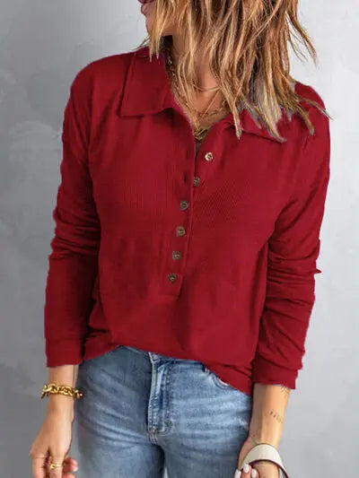 Collared Neck Half Button Top Trendsi