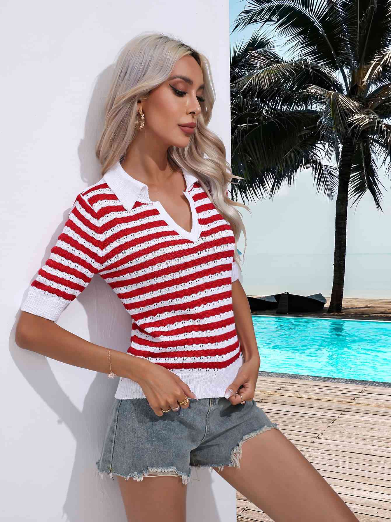 Striped  Half Sleeve Knit Top Trendsi
