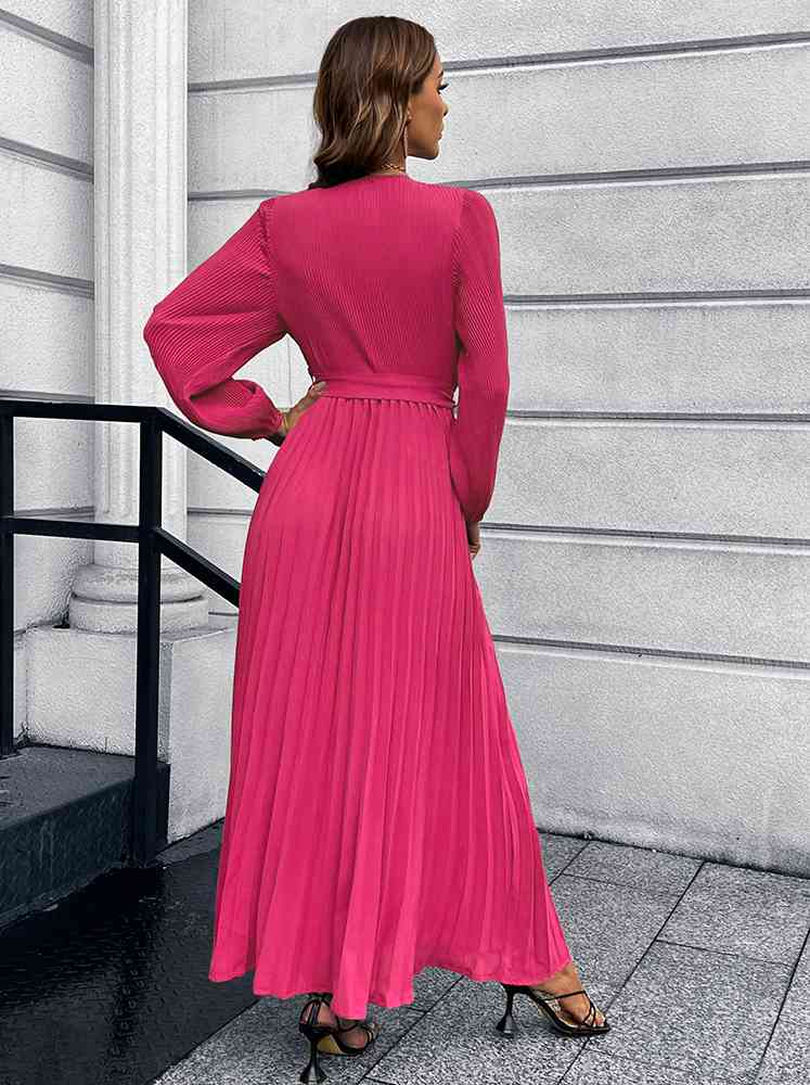 V-Neck Tie Waist Pleated Maxi Dress Bazaarbey
