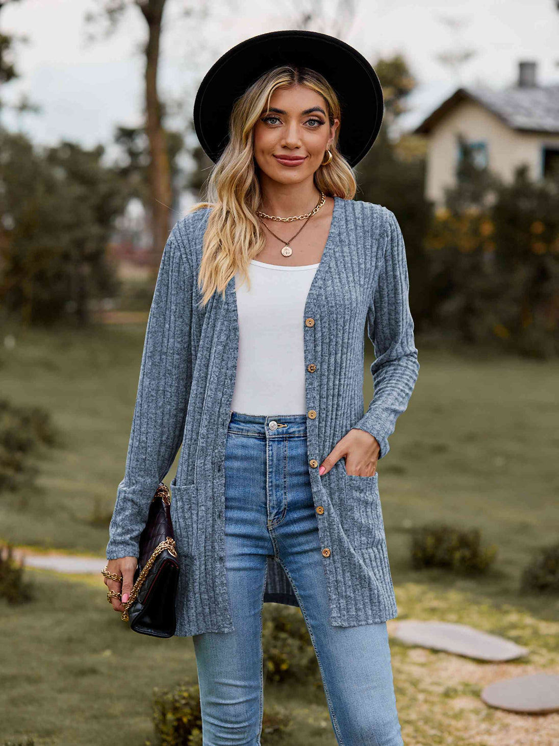 Ribbed Button-Up Cardigan with Pockets Trendsi