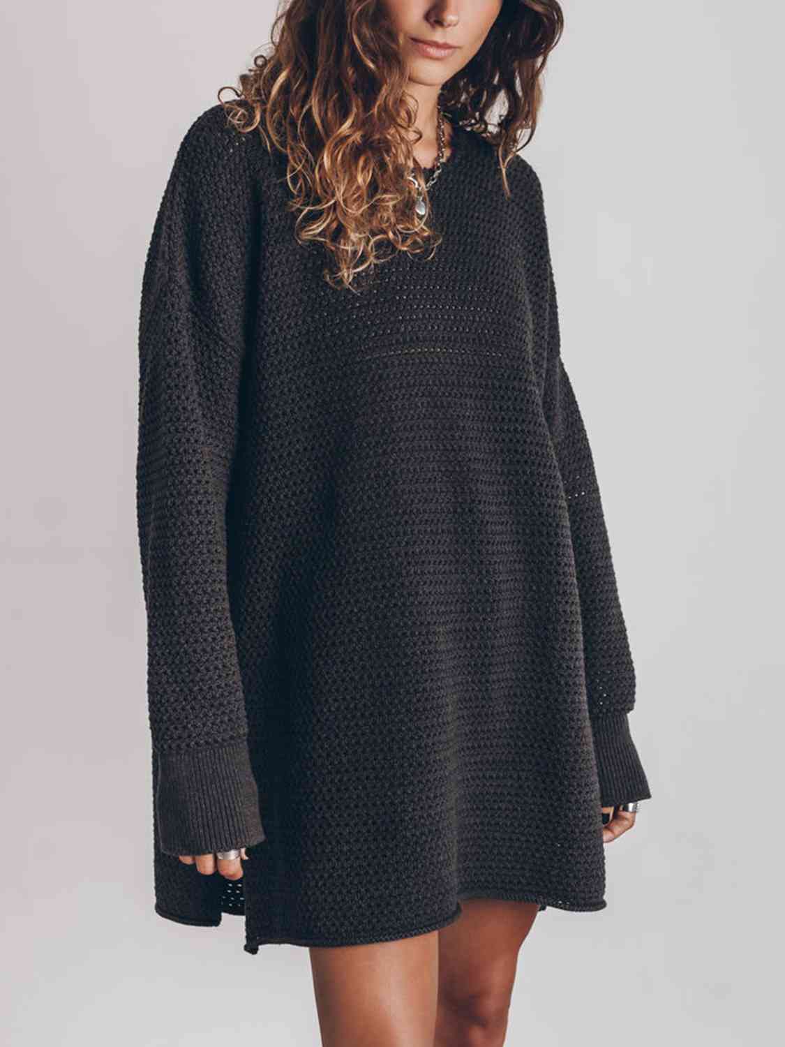 Openwork Round Neck Long Sleeve Slit Sweater Bazaarbey