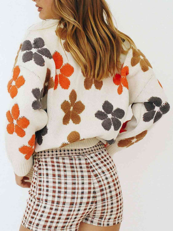 Floral V-Neck Button Up Long Sleeve Cardigan Bazaarbey