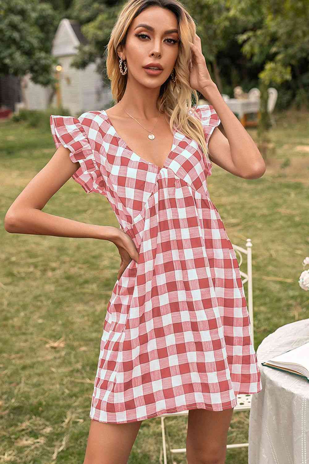 Plaid Butterfly Sleeve Deep V Dress -BazaarBey - www.shopbazaarbey.com