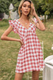 Plaid Butterfly Sleeve Deep V Dress -BazaarBey - www.shopbazaarbey.com