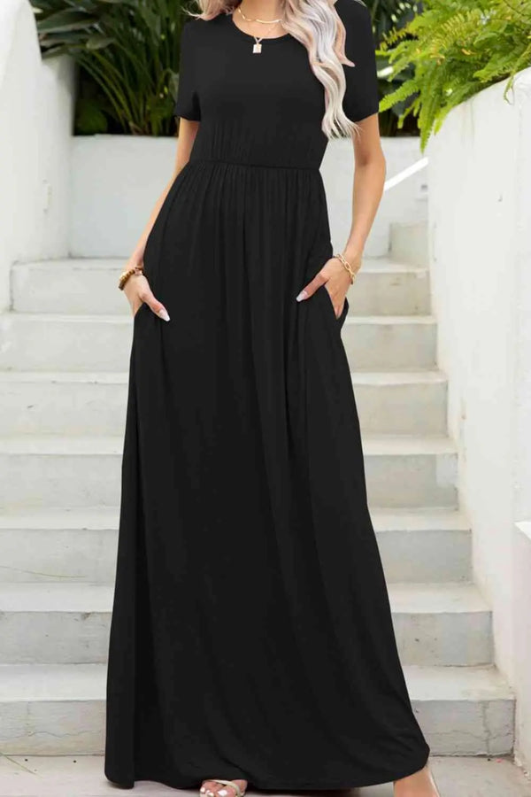 Round Neck Maxi Tee Dress with Pockets -BazaarBey - www.shopbazaarbey.com
