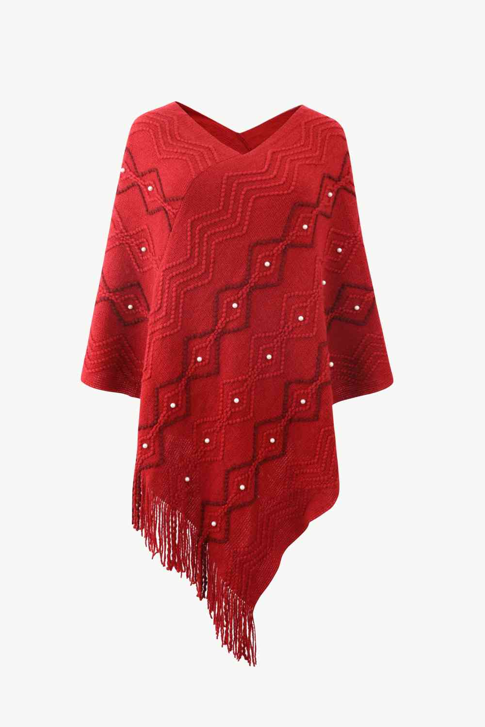 Pearl Trim V-Neck Fringe Hem Poncho Bazaarbey