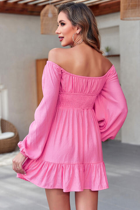 Smocked Balloon Sleeve Off-Shoulder Mini Dress -BazaarBey - www.shopbazaarbey.com