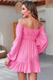 Smocked Balloon Sleeve Off-Shoulder Mini Dress -BazaarBey - www.shopbazaarbey.com