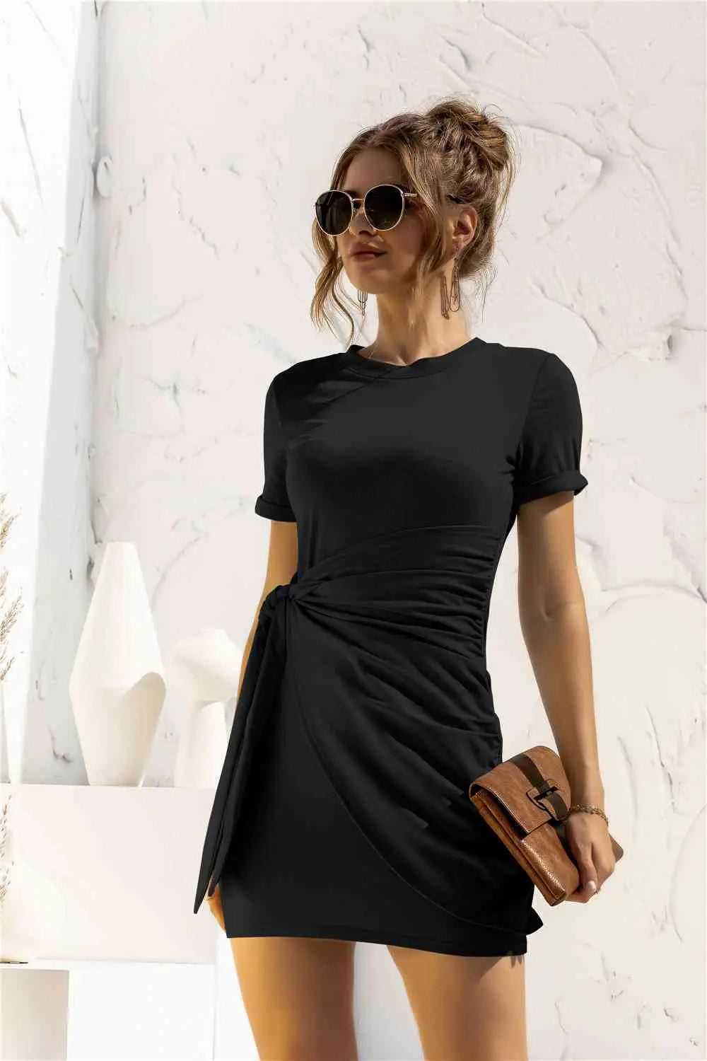 Round Neck Cuffed Sleeve Side Tie Dress -BazaarBey - www.shopbazaarbey.com