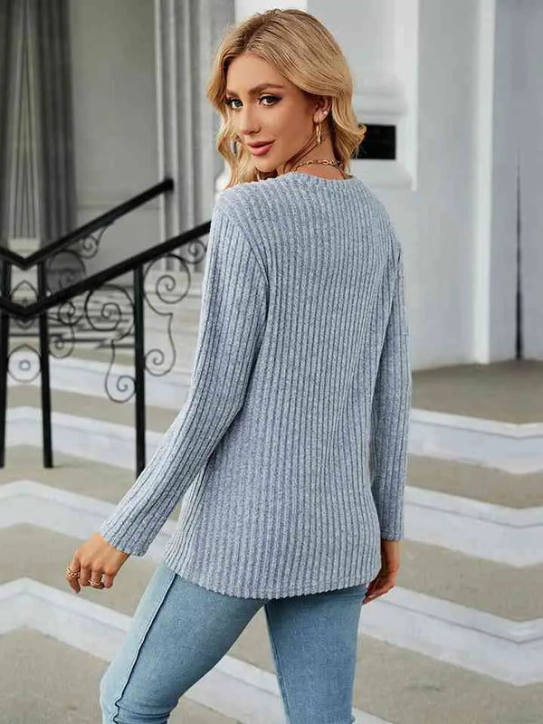 Round Neck Ribbed Button Detail Blouse Bazaarbey