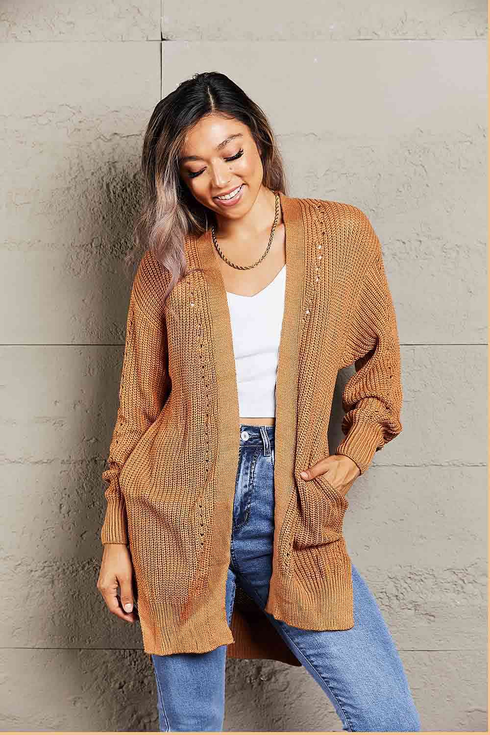 BazaarBey  Openwork Rib-Knit Slit Cardigan Trendsi