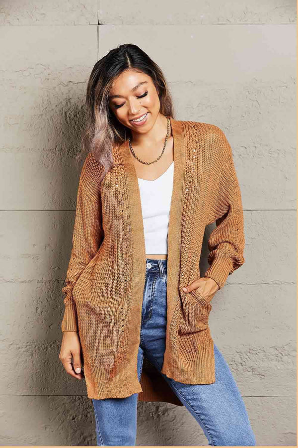 BazaarBey  Openwork Rib-Knit Slit Cardigan Trendsi