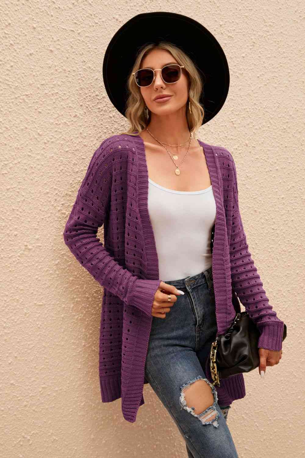 Openwork Horizontal Ribbing Open Front Cardigan Trendsi