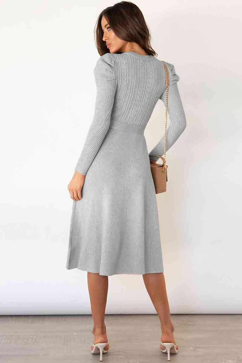 Round Neck Long Sleeve Tie Waist Sweater Dress Bazaarbey